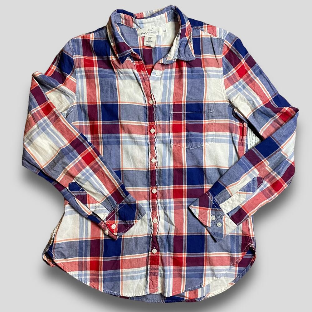 H&M 100% Cotton Plaid Americana Preppy Western Button Down Size Small 4